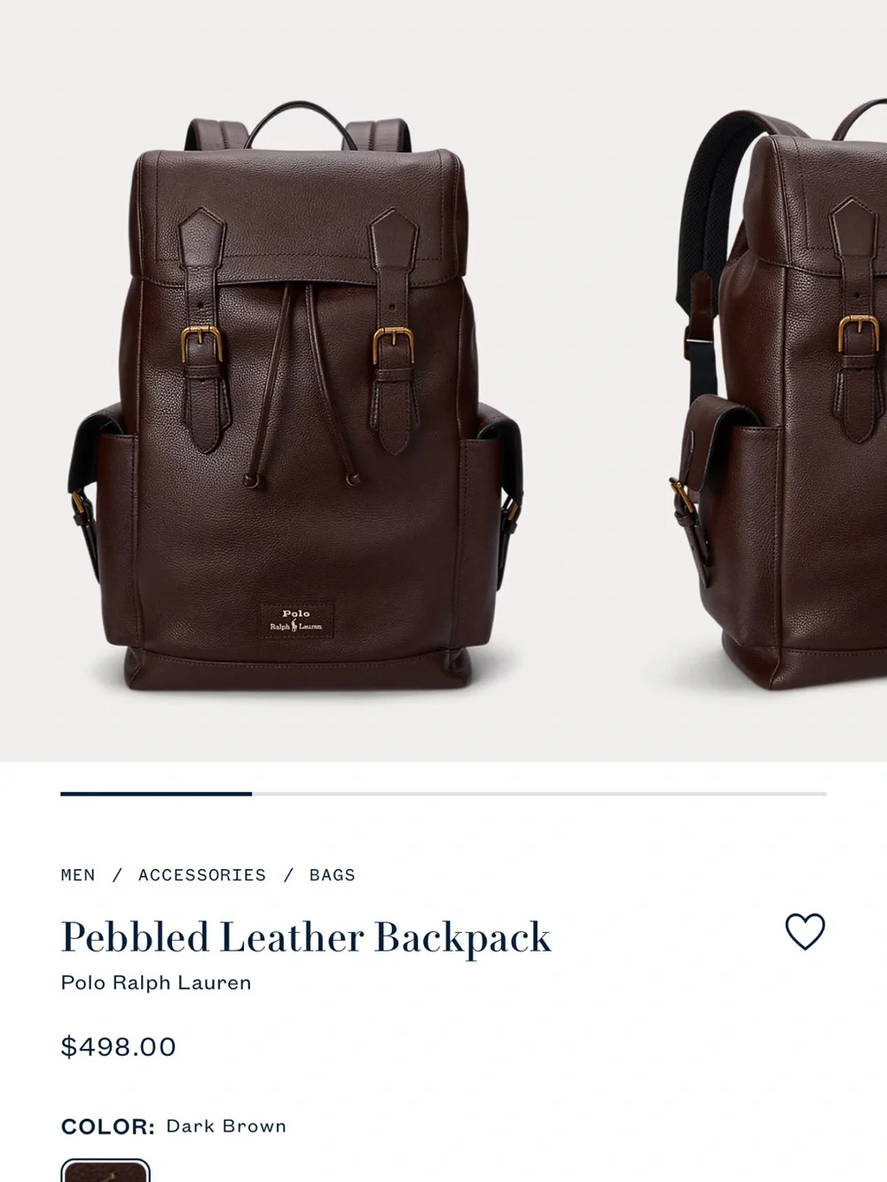 Ralph Lauren Dark Brown Pebbled Leather Backpack with Gold Buckles- Brand New